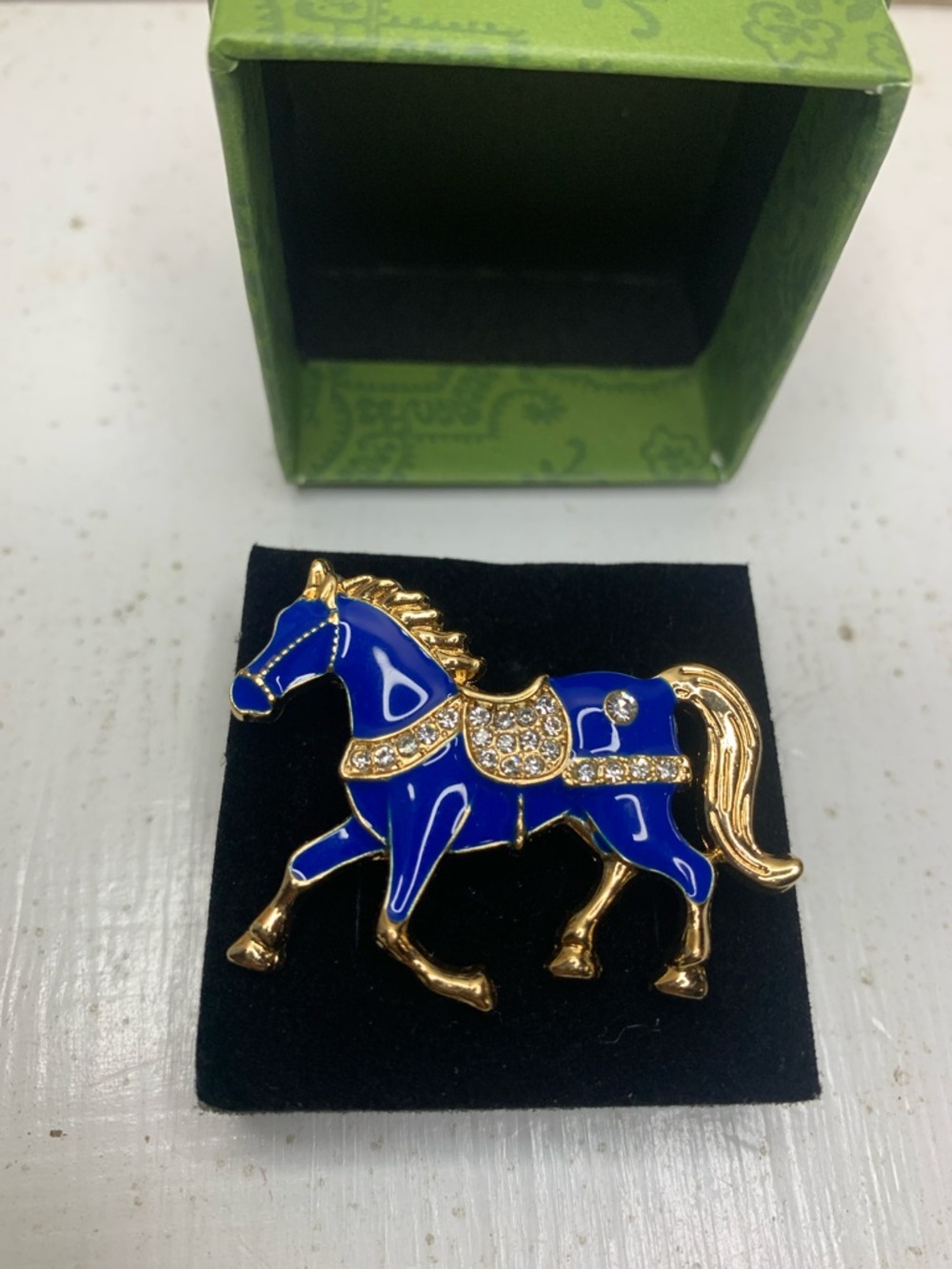 EQUESTRIAN Blue Enamel Horse Brooch with Gold Accents - Picture 3 of 4